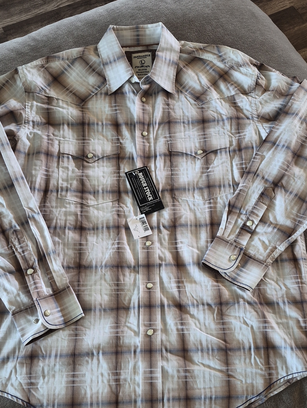 Panhandle Rough Stock Men's Tan and White Plaid Western Pearl Snap Button-Down